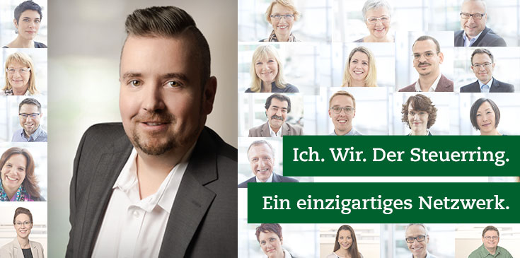 Der Steuerring & Ich: Brian Solga In einem Mosaik von Bildern werden verschiedene Steuerring-Berater und Mitarbeiter gezeigt. Rechts im Bild steht „Ich. Wir. Der Steuerring. Ein einzigartiges Netzwerk.“