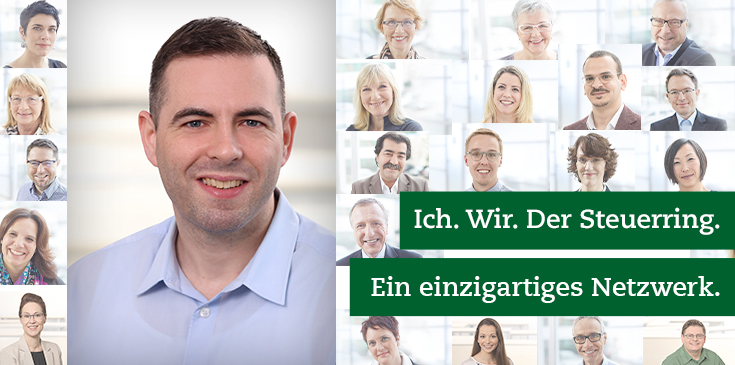 Der Steuerring & Ich: Dennis Killer In einem Mosaik von Bildern werden verschiedene Steuerring-Berater und Mitarbeiter gezeigt. Rechts im Bild steht „Ich. Wir. Der Steuerring. Ein einzigartiges Netzwerk.“