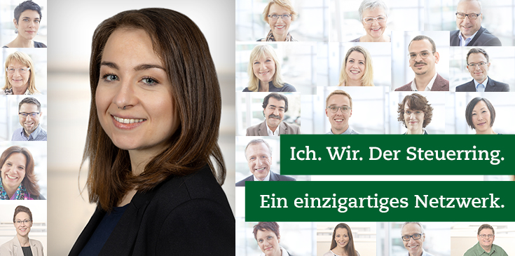 Der Steuerring & Ich: Eva Maria Sauter In einem Mosaik von Bildern werden verschiedene Steuerring-Berater und Mitarbeiter gezeigt. Rechts im Bild steht „Ich. Wir. Der Steuerring. Ein einzigartiges Netzwerk.“