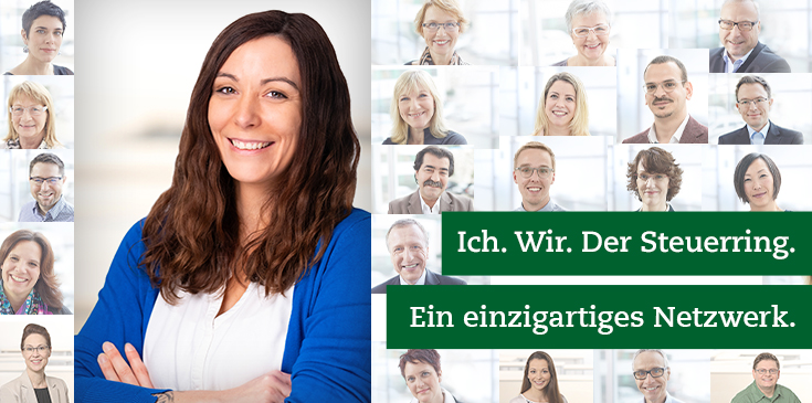 Der Steuerring & Ich: Patricia Faßnacht In einem Mosaik von Bildern werden verschiedene Steuerring-Berater und Mitarbeiter gezeigt. Rechts im Bild steht „Ich. Wir. Der Steuerring. Ein einzigartiges Netzwerk.“