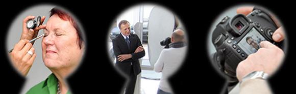Mitarbeiter des Lohnsteuerhilfevereins beim Foto-Shooting Durch drei Schlüssellöcher sieht man Mitarbeiter des Lohnsteuerhilfevereins in verschiedenen Shooting-Situationen. Vom Schminken, übers Fotografieren bis zum Ansehen der Bilder auf der Kamera.