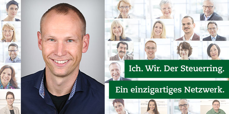 Der Steuerring & Ich: Alexander Köstlinger In einem Mosaik von Bildern werden verschiedene Steuerring-Berater und Mitarbeiter gezeigt. Rechts im Bild steht „Ich. Wir. Der Steuerring. Ein einzigartiges Netzwerk.“