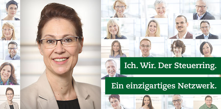 In einem Mosaik von Bildern werden verschiedene Steuerring-Berater und Mitarbeiter gezeigt. Rechts im Bild steht „Ich. Wir. Der Steuerring. Ein einzigartiges Netzwerk.“