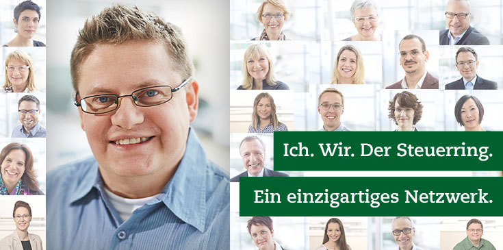 Der Steuerring & Ich: Dirk Weber In einem Mosaik von Bildern werden verschiedene Steuerring-Berater und Mitarbeiter gezeigt. Rechts im Bild steht „Ich. Wir. Der Steuerring. Ein einzigartiges Netzwerk.“