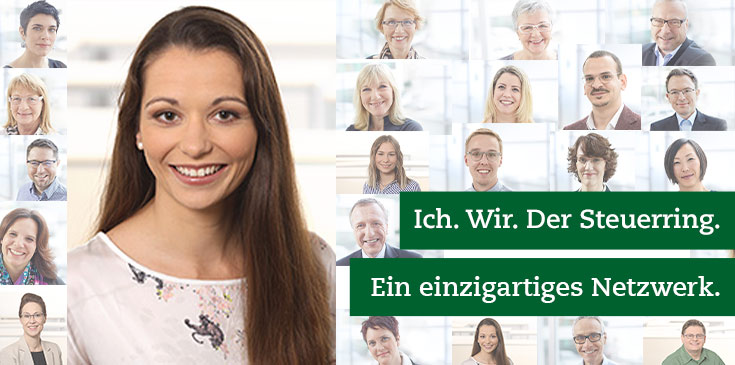 Der Steuerring & Ich: Vivien von Boscamp In einem Mosaik von Bildern werden verschiedene Steuerring-Berater und Mitarbeiter gezeigt. Rechts im Bild steht „Ich. Wir. Der Steuerring. Ein einzigartiges Netzwerk.“