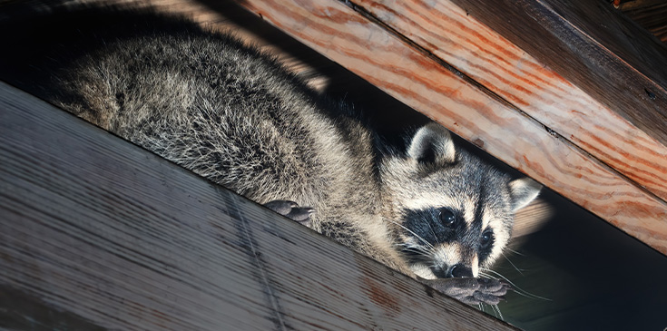 Beseitigung von Tierschäden im Haus als außergewöhnliche Belastung Ein Waschbär sitzt zwischen Holzbalken und hebt leicht seine rechte Vorderpfote an.