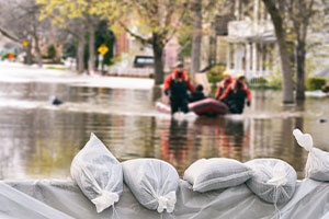 Rettungshelfer laufen durch Hochwasser in einer Stadt und ziehen ein Schlauchboot mit sich. Im Vordergrund sind Sachsäcke gestapelt.