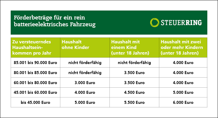 Tabellenübersicht: Förderbeiträge für ein rein batterieelektrisches Fahrzeug