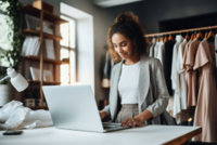 Frau mit Laptop steht im Büro, und verkauft Kleidung.