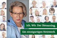Der Steuerring und Ich: Monika Eymaèl In einem Mosaik von Bildern werden verschiedene Steuerring-Berater und Mitarbeiter gezeigt. Rechts im Bild steht „Ich. Wir. Der Steuerring. Ein einzigartiges Netzwerk.“